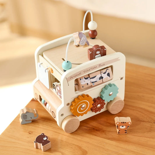 Baby Wooden Montessori Toy Baby Five-in-on Car Toy Polyhedron Busy Bus Toy Kids Early Education Hand Brain Sense Organ Toys Gift