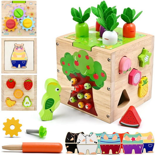 Baby Wooden Activity Cube Center Toys for Boys Girls Birthday Gifts, 5 in 1 Montessori Educational Learning Sensory Toys